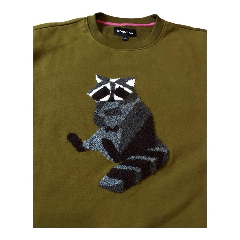 Bonobos Sweater Mens Medium Green Raccoon Fleece Stitched Long Sleeve Crew Neck